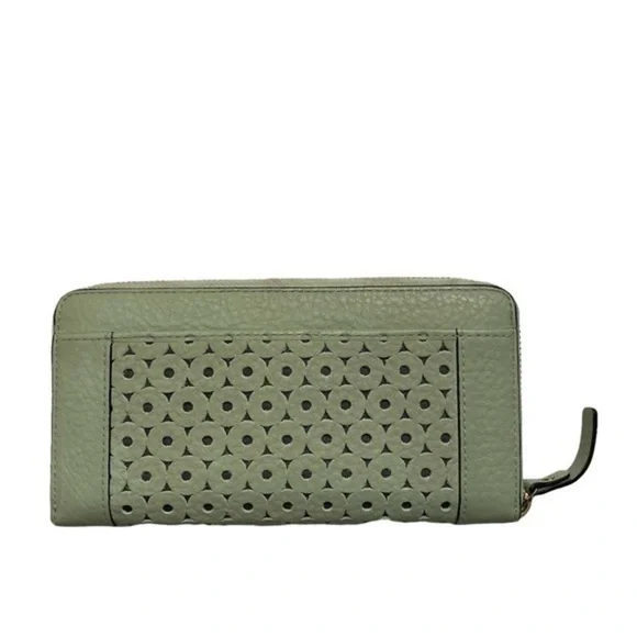 Kate spade green perforate eyelet lace leather zipper clutch wallet